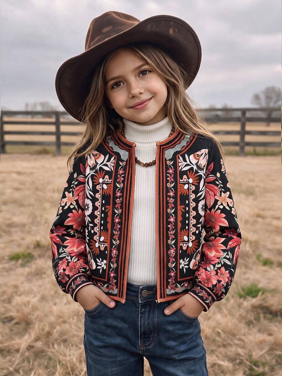 Tween Girl Floral Print Casual Daily Long Sleeve Jacket - Multicolor - View 1