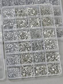 24-Grid Mini White Small Flat-Bottom Mixed Asymmetrical Nail Art Rhinestones - White - View 1
