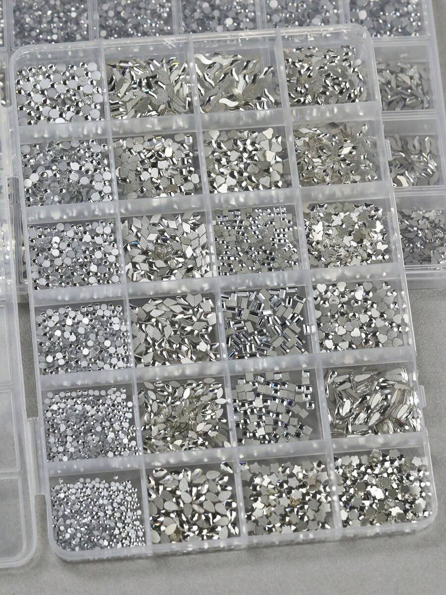 24-Grid Mini White Small Flat-Bottom Mixed Asymmetrical Nail Art Rhinestones - White - View 1