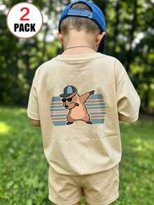 2PCS Young Boys Street Style Outfit Sets, Printed With Cartoon Pattern Loose Top+Sprots Shorts,Comfortable And Soft, For Summer & Sports. - Apricot - View 1