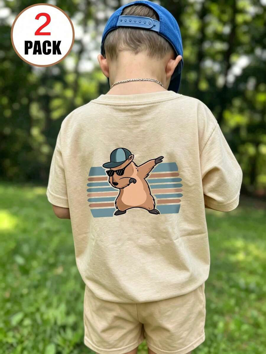 2PCS Young Boys Street Style Outfit Sets, Printed With Cartoon Pattern Loose Top+Sprots Shorts,Comfortable And Soft, For Summer & Sports. - Apricot - View 1