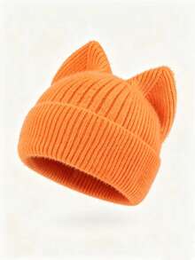 Pc Women Cute Cat Ear Knit Beanie Hat, Soft Plush Ribbed Cuffed Beanie, Solid Warm Winter Hat For Daily Wear - Cat Ear Knitted Hat - View 7