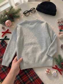 Boys' Christmas Santa Claus Embroidered Crew Neck Sweater, Long Sleeve Pullover For Autumn & Winter - Grey - View 4