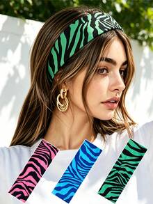 2pcs European & American Style Color Block Zebra Print Fabric Headband, High Elasticity Wide Band, Personalized Cool Fashion Hair Tie - Multicolor - View 2