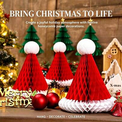 1pc New Christmas Party Decoration Creative 3D Honeycomb Paper Hanging Ornament Pine Tree Red Hat Christmas Holiday Decor Hanging Ornament Suitable For DIY Home Holiday Garden Yard Front Door Decoration