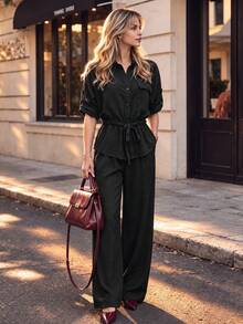 Women Fall Collared Button Front Jumpsuit, Roll‑Tab Sleeve Elastic High Waist Wide Leg One‑Piece Pants - Black - View 1
