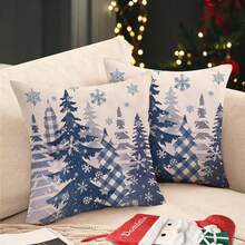 2PCS Blue Plaid Christmas Tree Pillowcase, Snowflake Winter Holiday Sofa And Bedroom Home Decor Cushion Cover, Fall And Winter Home Decoration, Single-Sided Print, Pillow Insert Not Included - Blue - View 5