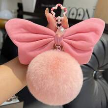 Soft Velvet Bow Large Pom Pom Keychain, Faux Rabbit Fur Pom Pom Bag Charm, Girly Bag Pendant, Best Friend Small Gift - Multicolor - View 6
