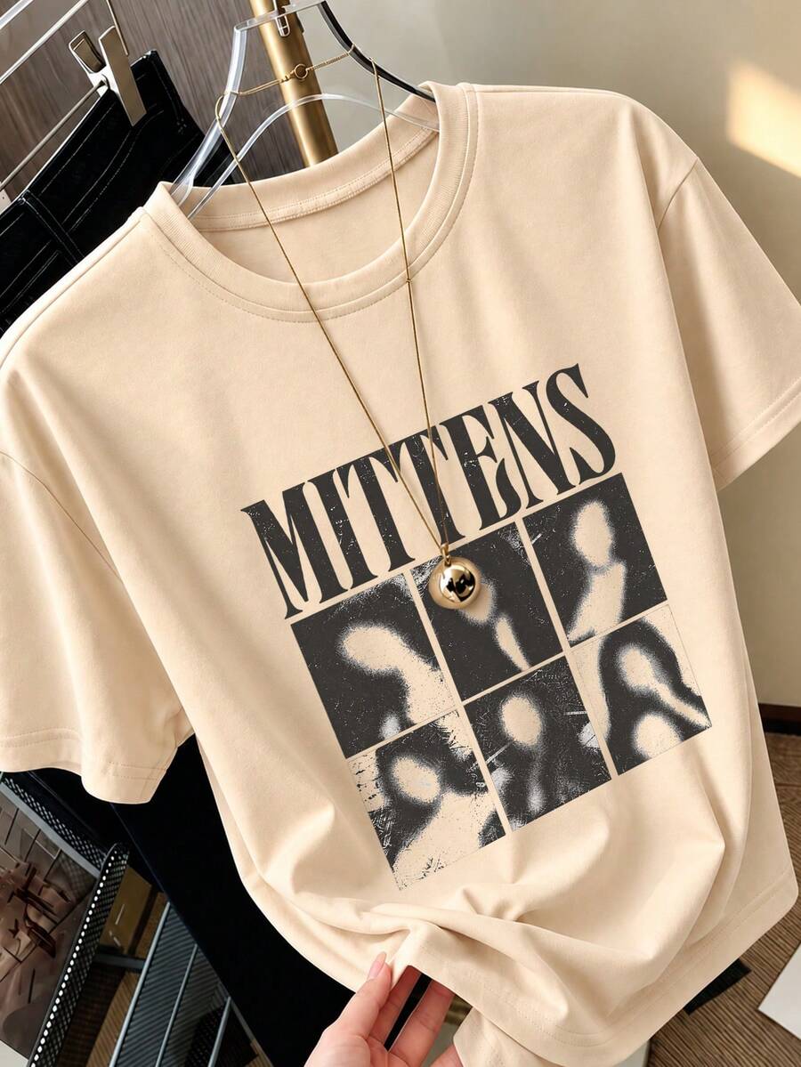 1件青少年女孩印花短袖T恤,學生青年服飾,夏季禮物 - 杏色 - 查看 1