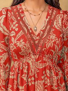 Bohemian Style Plus Size Women's Floral V-Neck Elegant Dress - Red - View 3