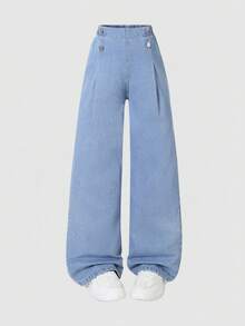 1pc Girls Casual Wide Leg Straight Leg Button Denim Jeans, Fashionable Blue, Fitted Size, Please Order One Size Up For Loose Fit - Medium Wash - View 7