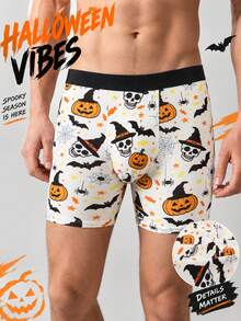 1pc Men's Boxer Briefs, Soft Skin-Friendly, Fun Halloween Star Candy Spider Web Pattern, Playful Print Home Holiday Wear Underwear - Multicolor - View 1