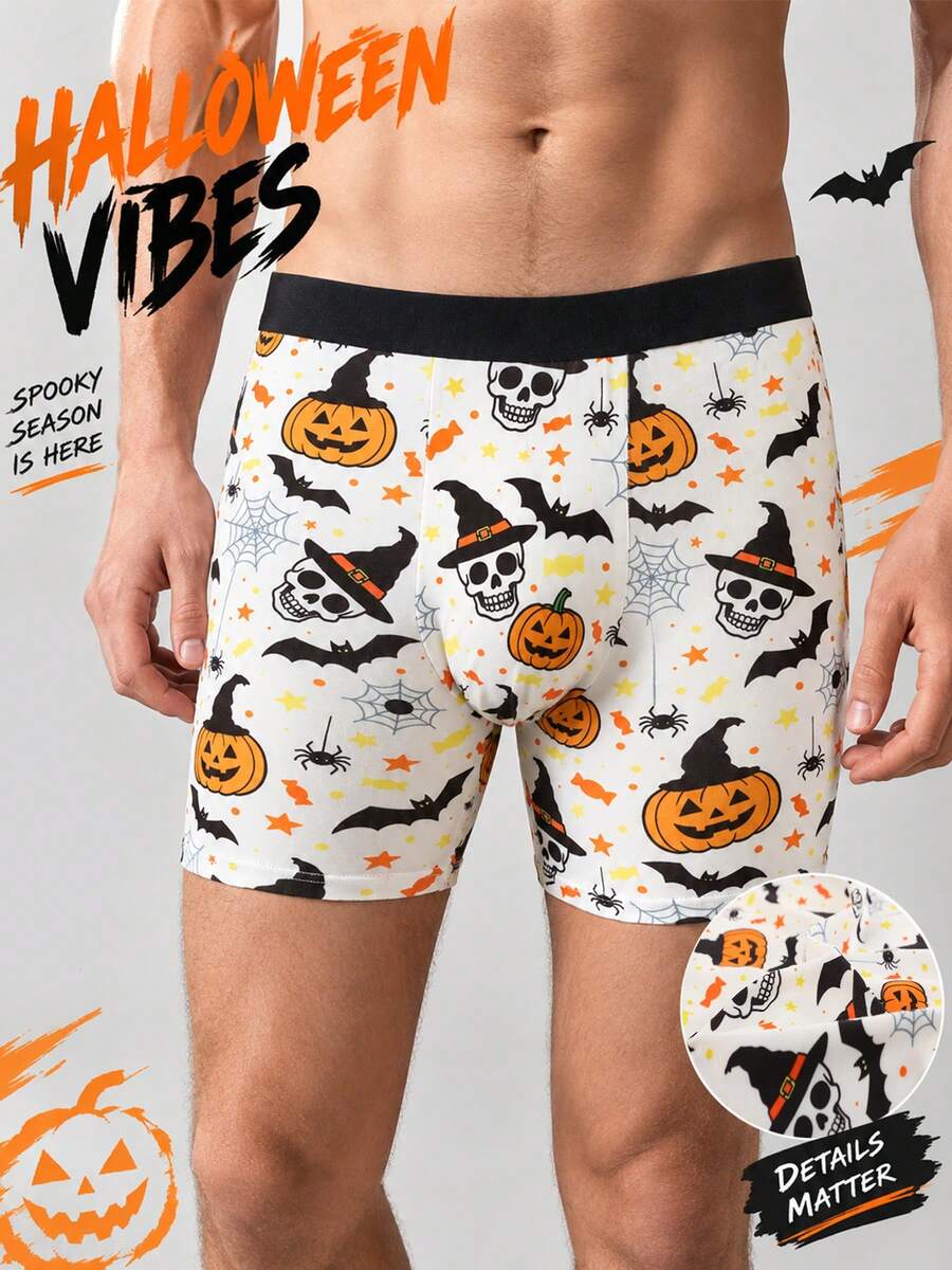 1pc Men's Boxer Briefs, Soft Skin-Friendly, Fun Halloween Star Candy Spider Web Pattern, Playful Print Home Holiday Wear Underwear - Multicolor - View 1