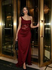 Women Chic New Off Shoulder Sheer Lace Back Draped Ruched Side Bodycon Mermaid Maxi Dress Elegant Evening Party Cocktail Wedding Guest Prom Outfit - Burgundy - View 1
