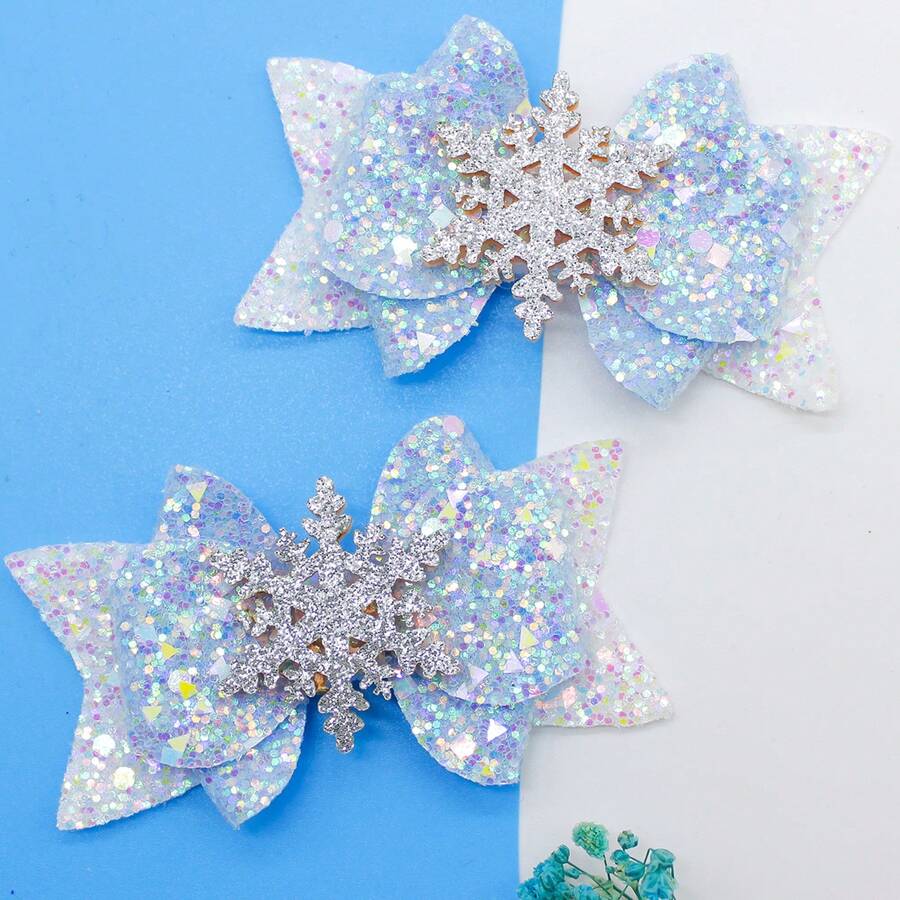 2pcs Frozen Princess Glitter Blue Snowflake Hair Clips, Sequin Bow Side Hair Accessories, Girls Party Gift Hair Accessories - Blue - View 1