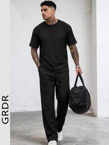 GRDR Vintage Waffle Knit Men's Casual Minimalist Drawstring Short Sleeve Top And Long Pants 2 Pieces Set - Black - View 3