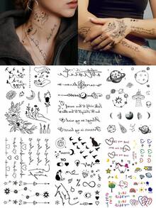 6PCS English Floral Bird Diamond Planet Cat Pattern Party Gift Holiday Gift Music Festival Temporary Body Skin Waterproof Tattoo Stickers For Hands Shoulders Neck Collarbone - Multicolor - View 1
