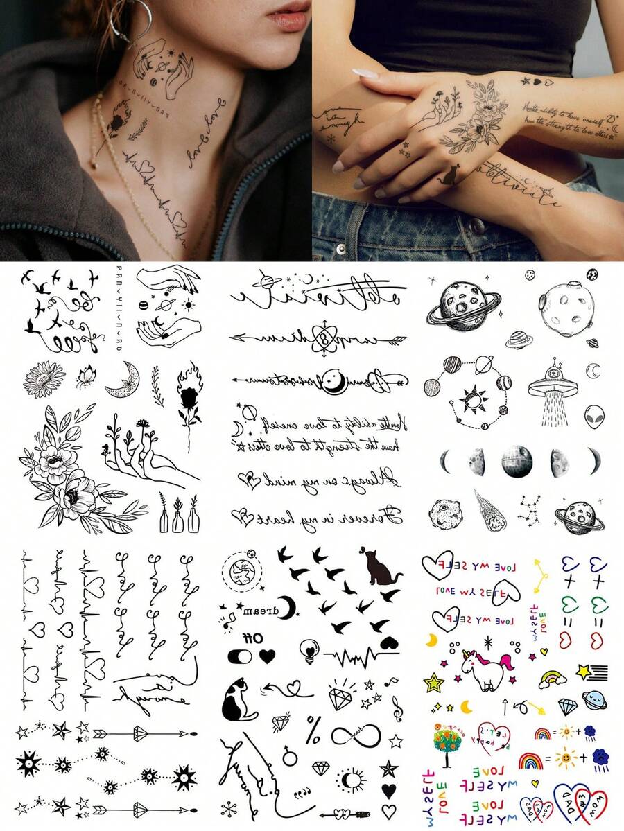 6PCS English Floral Bird Diamond Planet Cat Pattern Party Gift Holiday Gift Music Festival Temporary Body Skin Waterproof Tattoo Stickers For Hands Shoulders Neck Collarbone - Multicolor - View 1