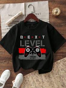 3pcs Boys' Popular Graphic Print Round Neck Short Sleeve T-Shirts, Summer Tops - Black - View 3