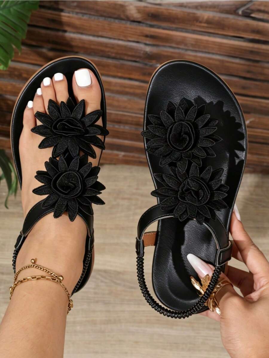 sandals 女款花卉編織平底涼鞋，寬楦舒適款 | 開趾彈性後帶夏季鞋 | 花朵裝飾，適合寬腳休閒度假鞋