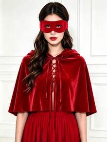 2pcs/1pc Halloween Party Performance Short Black Velvet Hooded Cape + Eye Mask Set. Used For Various Festival Decoration Accessories - Multicolor - View 2