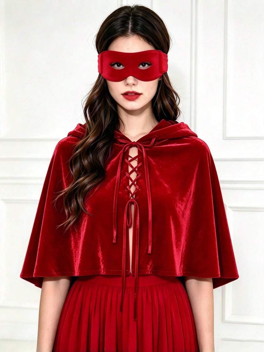2pcs/1pc Halloween Party Performance Short Black Velvet Hooded Cape + Eye Mask Set. Used For Various Festival Decoration Accessories