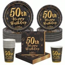 10/20/40/50/60/80 Pcs,50 Years Old Birthday Party Disposable Tableware Set,Black Gold Firework Gift Balloon Print 7 Inch & 9 InchPaper Plates Cup Napkins,Party Table Decor For 50 Years Old Milestone Celebration,Adult Birthday Banquet - Black 50 - View 1