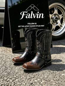 Men's Western Cowboy Boots, High-Top Leather Riding Boots, Black & Brown Retro Contrast Color Bird Embroidery Mid-Calf Boots, Square Toe Chunky Heel, Rivet Lace-Up Decor, Suitable For Streetwear, Party, Daily Western Style Looks, Durable And Comfortable For Daily Outings And Outdoor Use All Season, Fashionable Versatile Boots - Black - View 8