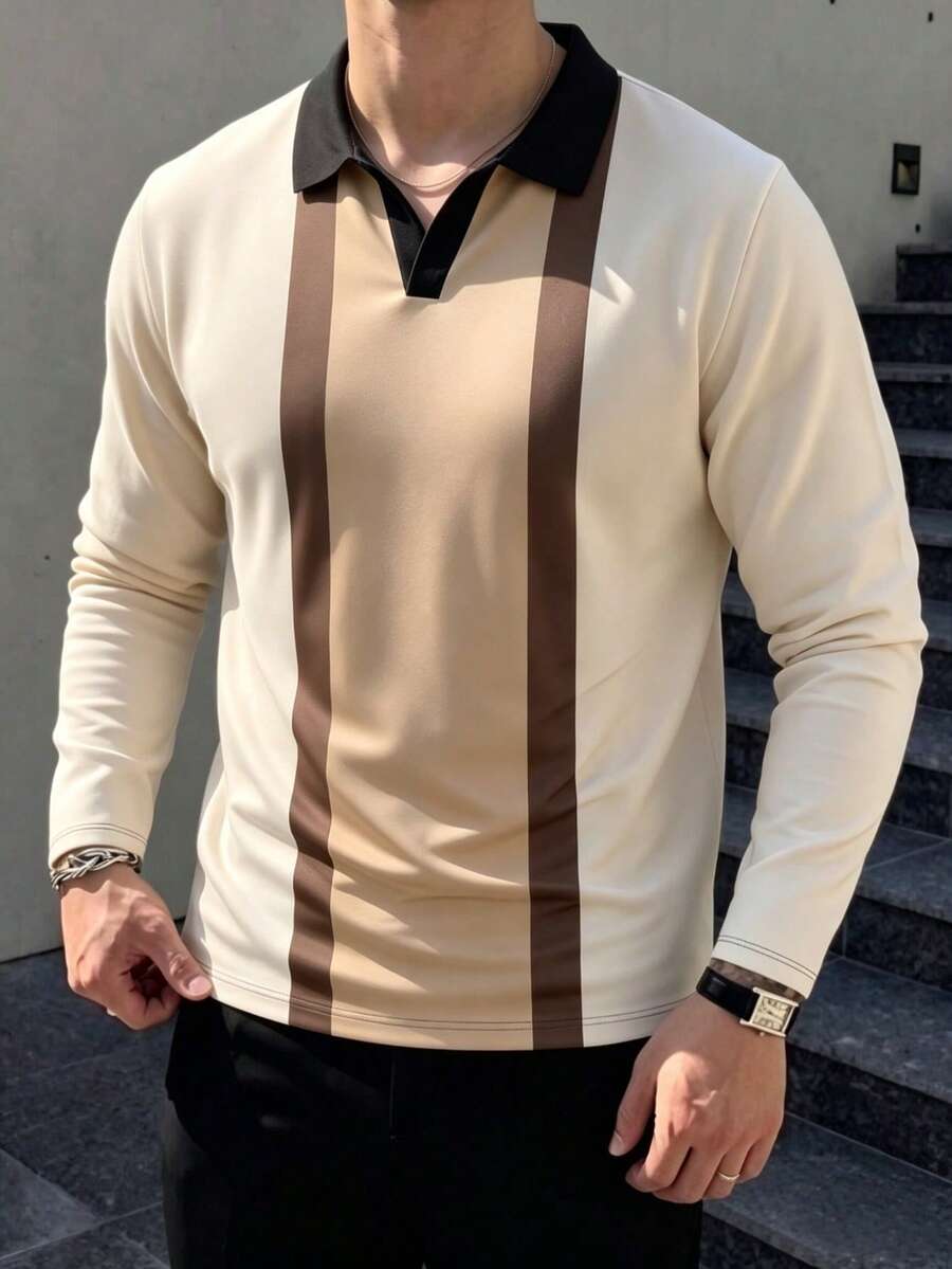 Men's Vintage Vertical Striped Colorblock Long Sleeve Polo Shirt Long Sleeve T-Shirt - Multicolor - View 1