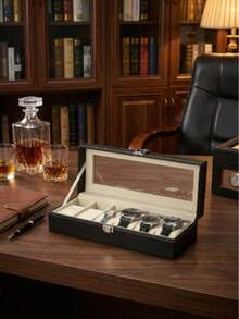 Luxury Classic PU Leather 6-Slot Watch Display Box | Men's Watch Collection Storage Box With Transparent Glass Lid And Velvet Lining, Suitable For Vanity Display, Ideal Gift For Watch Enthusiasts - Multicolor - View 8
