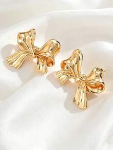 1 Pair European And American Minimalist Bow Earrings For Women, Suitable For Wedding, Ball And Party - Gold - View 4