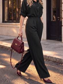 Women Fall Collared Button Front Jumpsuit, Roll‑Tab Sleeve Elastic High Waist Wide Leg One‑Piece Pants - Black - View 3