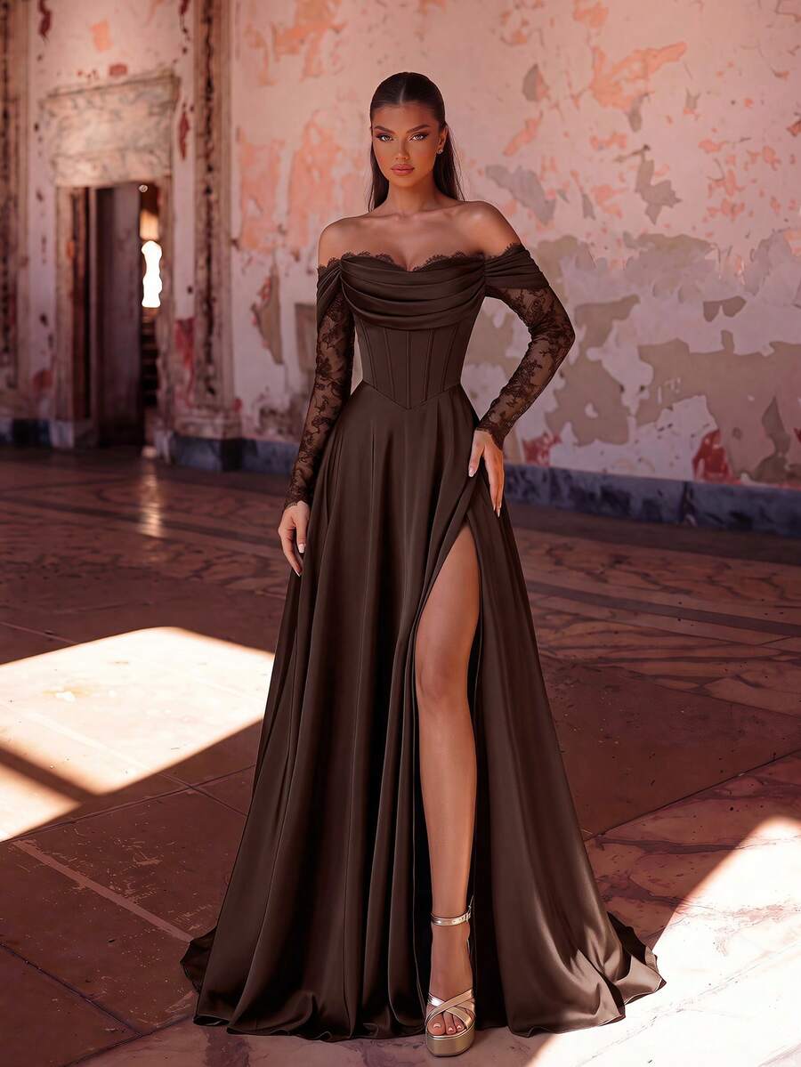 ADYCE Elegant Long Sleeve Waisted Backless Bodycon Backless Lace Fishbone Ball Prom Gown Homecoming Wedding Guest Formal Dinner Birthday Party Christmas - Brown - View 1