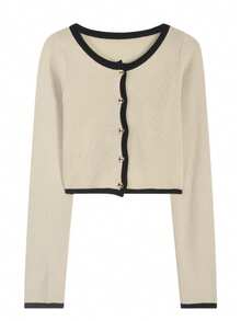 Women's Contrast Color Front Button Long Sleeve Cardigan, Casual Home Wear, Early Autumn - Apricot - View 2