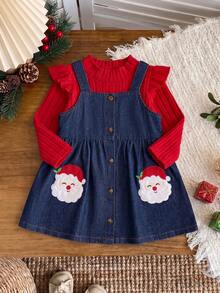 Baby Girls 2pcs Set Sweet Christmas Style Denim Santa Claus Applique Embroidery Flutter Sleeve Top Outfit Autumn/Winter - Multicolor - View 6