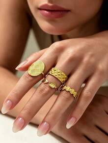 4pcs Elegant Vintage Stainless Steel Gold Textured Open Adjustable Stackable Rings For Women, Beach Holiday Daily Festival Accessory - Multicolor - View 1