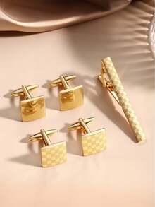 Men Cufflinks & Tie Clip Set, Square Checker Engraved Detail, Business Formal, Alloy Shirt Cuff Links Necktie Bar, All Season Groom Accessory - Gold - View 1