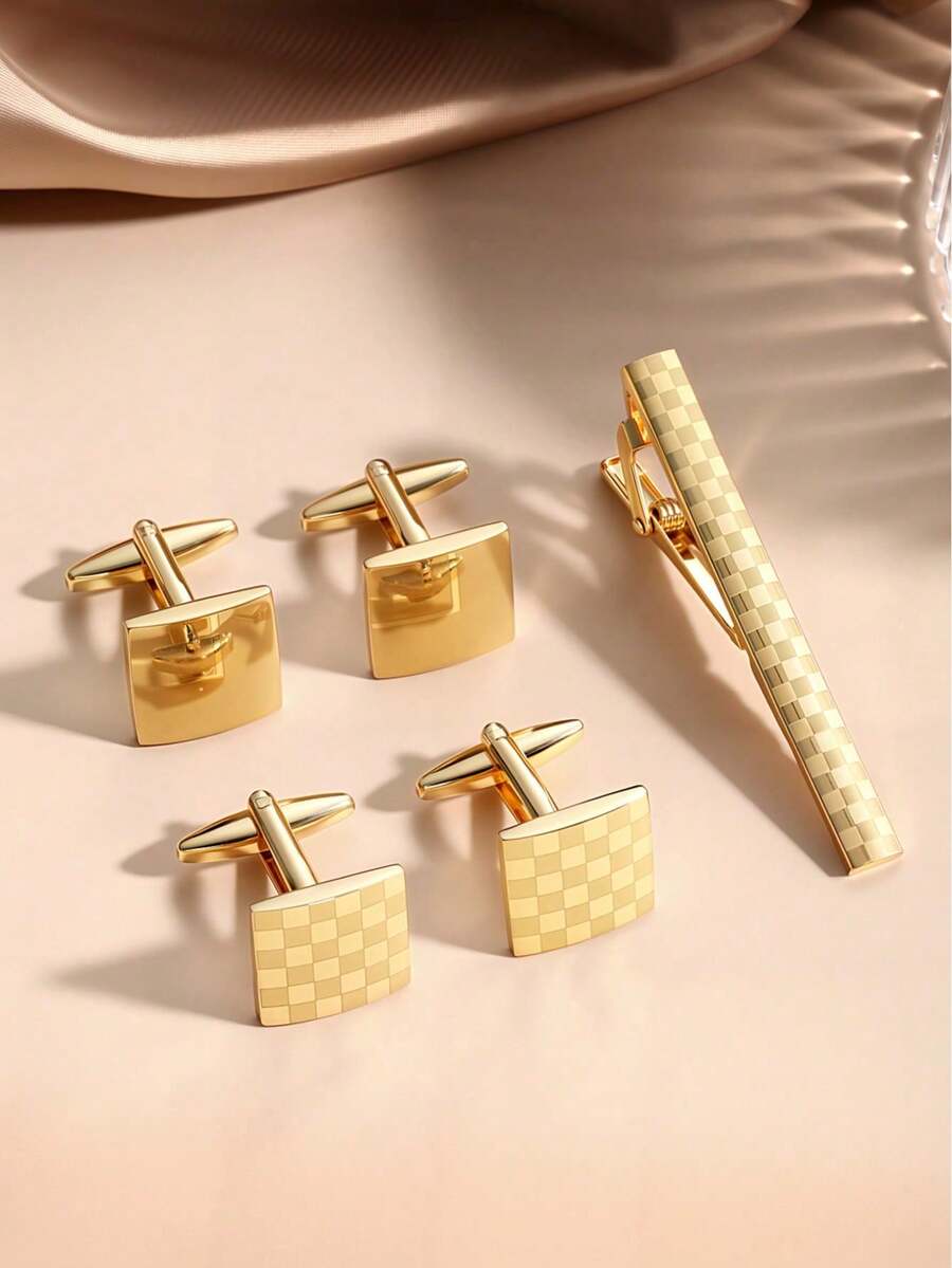Men Cufflinks & Tie Clip Set, Square Checker Engraved Detail, Business Formal, Alloy Shirt Cuff Links Necktie Bar, All Season Groom Accessory - Gold - View 1
