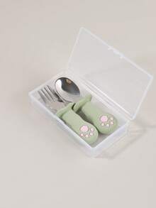 2pcs Custom Name Cat Paw Baby Fork & Spoon Set, Silicone Handle Stainless Steel Toddler Self-Feeding Training Cutlery With Case - Multicolor - View 4