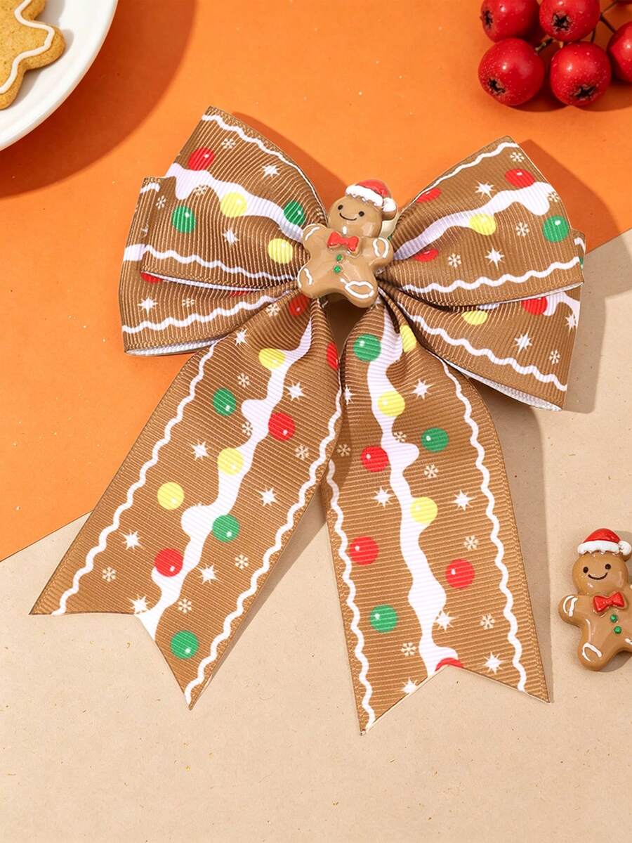 1PC Christmas Gingerbread Man Bow Hair Clips For Kid Girls,Cute Brown Grosgrain Ribbon Hairpins For Christmas Party,Gift For Daughter,Hair Accessory - Multicolor - View 1