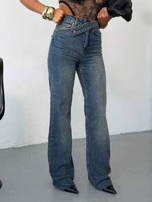 Women's High Waist Cross-Button Wide Leg Jeans - Blue - View 3