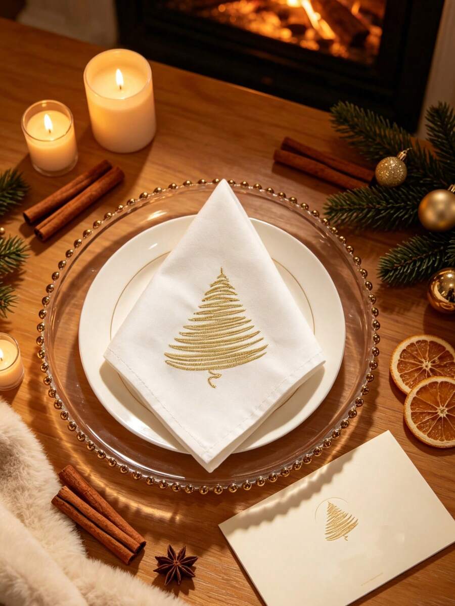 1pc/2pcs/4pcs 100% Polyester Golden Christmas Tree Embroidered Cloth Napkin, White Square Table Napkin For Christmas Dinner Party Home Table Decor - Multicolor - View 1