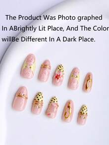 Fall Elegant And Luxurious Wedding 10‑Piece Handmade Nails Manicure Almond Shaped 3D Gelx Nails Brown Polka Dots Pale Yellow French Style Lace Pattern Design Gold Stripes Embellished With Pearls Portable Set Of False Nails - Multicolor - View 2