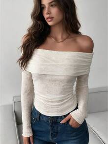 QUNGIGU Women Off Shoulder Lace Top Jacquard Ruched Slim Fit Blouse For Fall Winter Daily Casual Going Out Dating - Apricot - View 4