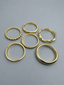 imoli 6pcs/Set Vintage Stackable Asymmetrical Geometric Wave Metal CCB Round Bangle Bracelet Set, Suitable For Women's Daily Wear And Layering Jewelry - Gold - View 4