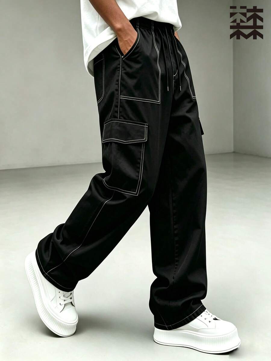 mulinsen Mulin Men's Black Cargo Pants, Loose Straight Leg, White Contrast Stitching, Multi-Pocket, Drawstring Waist, Casual Long Pants - Black - View 1