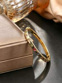 1pc Gold Colorful Zirconia Hinged Bangle Stackable Luxury Bracelet Autumn Winter Outdoor Accessory Jewelry For Banquet,Party,Daily Commute - Gold - View 3
