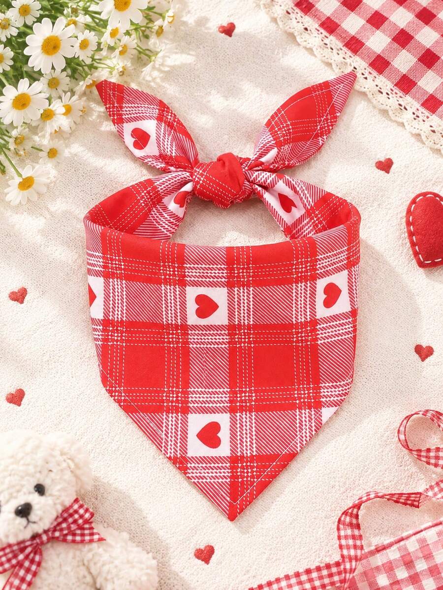 Polyester Red Plaid Heart-Shaped Pet Bandana, Drool Bib, Happy Puppy, Suitable For Cats And Dogs Of Small To Medium Size (Bichon, Teddy), Suitable For Year-Round Indoor Or Outdoor Use, Not Suitable For Large Dog Breeds - Red - View 1