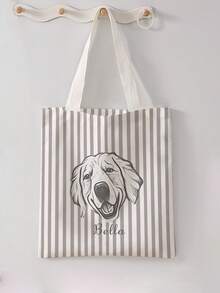 1Pc Custom Pet Photo Multi-Stripe Canvas Reusable Tote Bag, Large Lightweight Stylish Carryall For School Party Daily Shopping,Perfect Gift - Multicolor - View 3