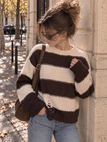 Women's Fall Winter Brown Contrast Striped Ripped Knit Sweater, Long Sleeve Crew Neck Pullover Top, Casual Vintage Back To School Christmas Outfit - Brown - View 4